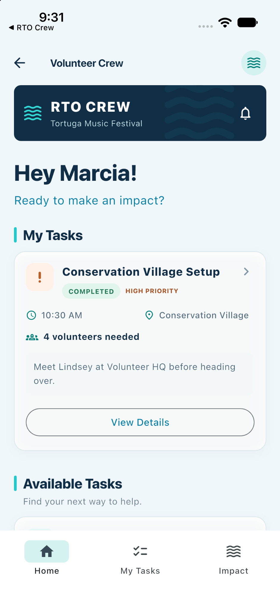 My Tasks screen with a completed Conservation Village Setup task