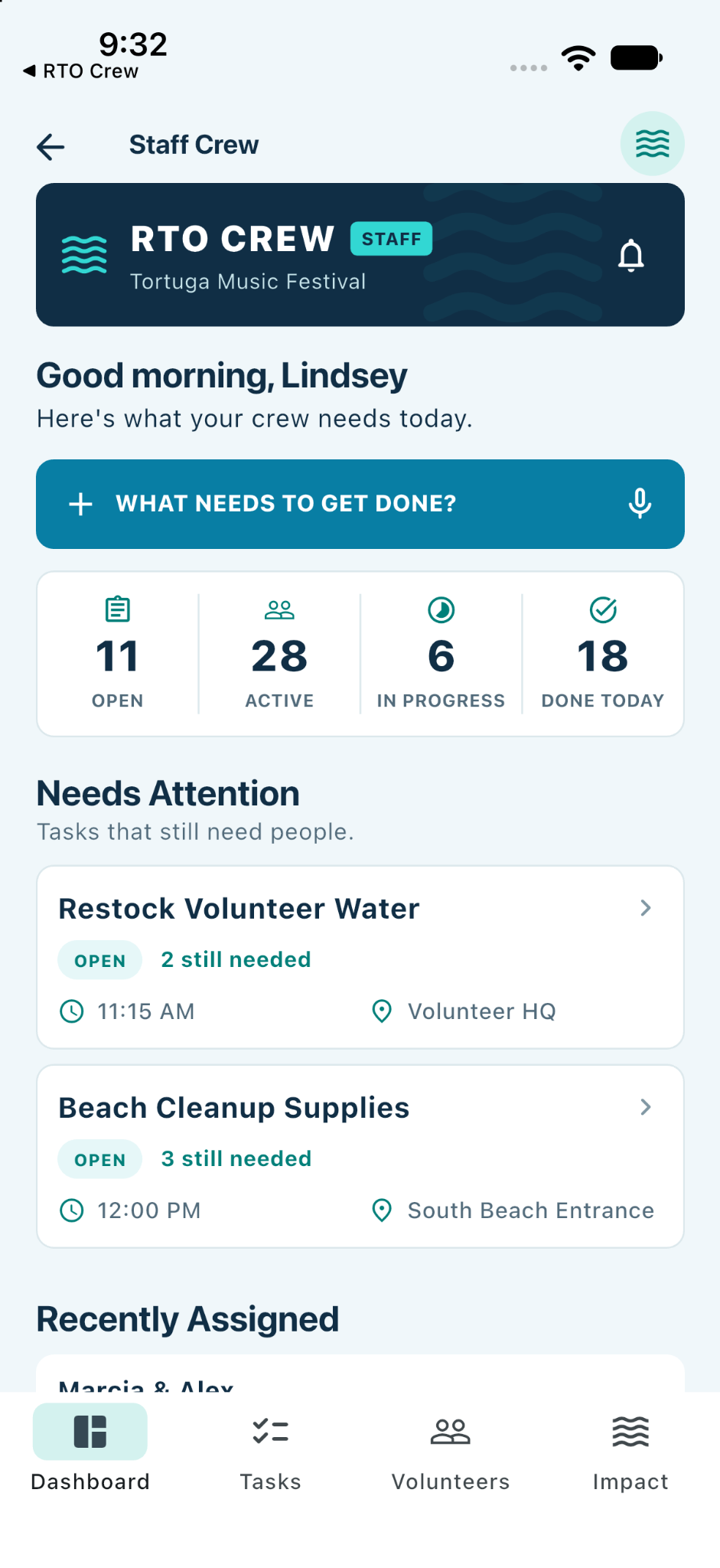 Staff Dashboard with summary counts and Needs Attention