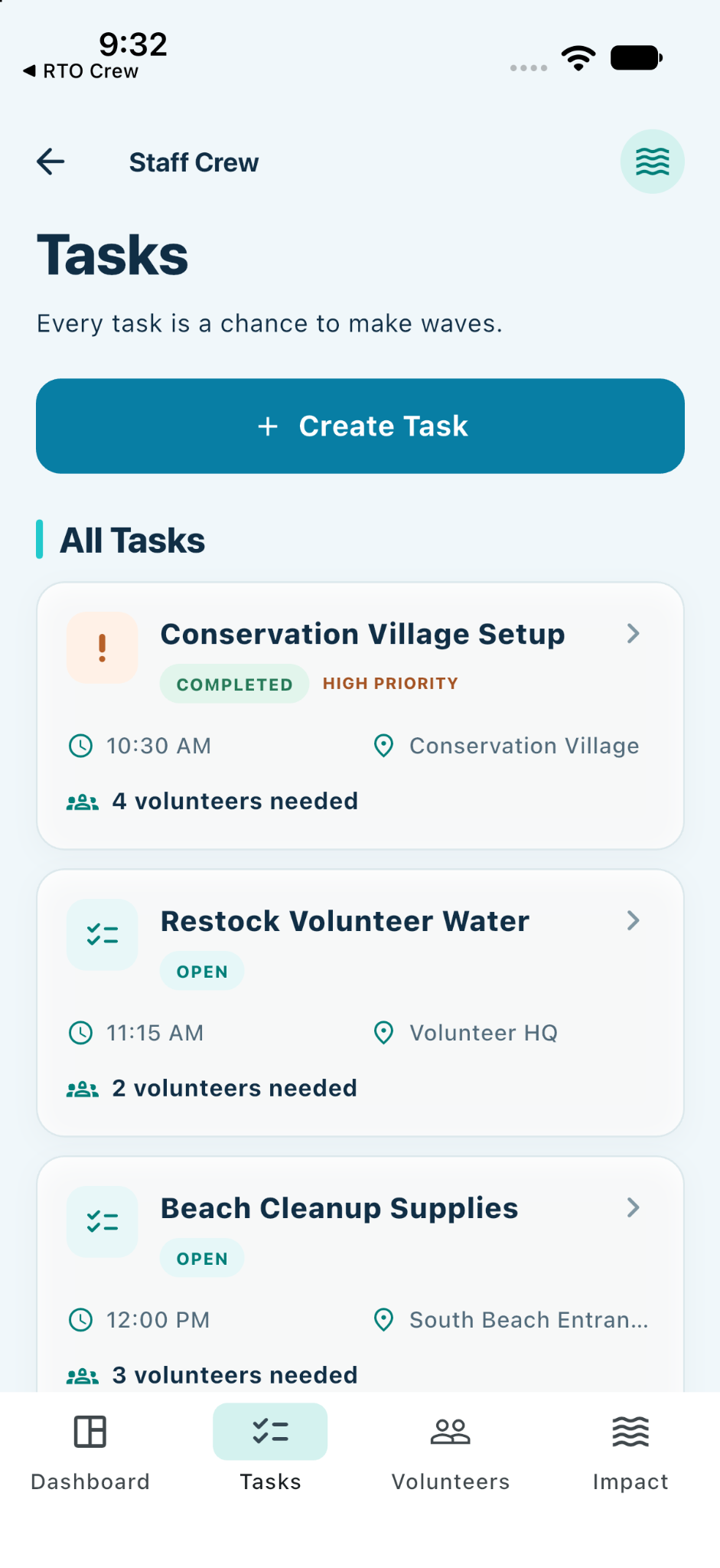 Create Task form with task title, description, location, time, volunteers and priority